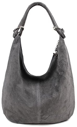 OBC Made in Italy Damen XXL Ledertasche Wildleder Shopper Schultertasche Umhängetasche Beuteltasche Hobo Bag (Grau)