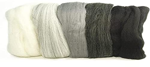 RAYHER HOBBY 5364900 Filzwolle, Merinowolle, Kammzug, fein, 19 mic, 5 Farben je 10g, Schwarz-Weiß-Grau, 100% Schafschurwolle zum Filzen, 50g
