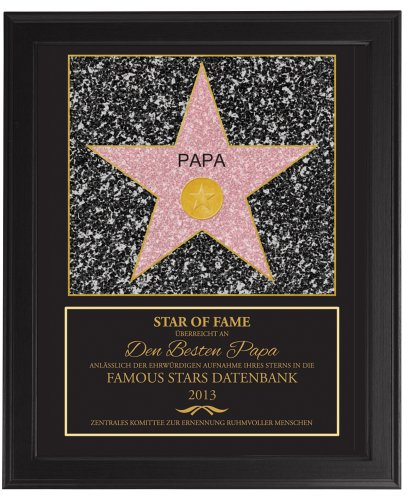 Casa Vivente Star of Fame Papa, Hollywood Stern, Urkunde, Wanddeko im dunklen Bilderrahmen, Personalisiert mit Jahreszahl, Druck gerahmt als Vatertagsgeschenk, Geschenke für Männer