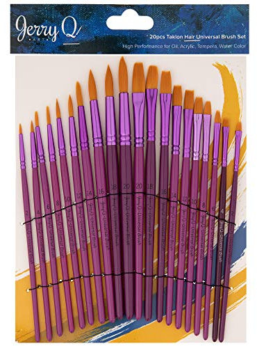 Jerry Q Art 20 pcs Golden Taklon Universal Brush Set for Watercolor, Acrylic, Oil, Tempera. Short Wooden Handles JQ202