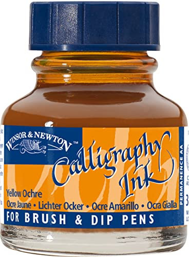 Winsor & Newton 1111744 Kalligraphie Tuschen (für Füllfederhalter oder Schreibfedern, untereinander mischbar, lichtecht, beständige Farbe) 30 ml Flasche gelbocker