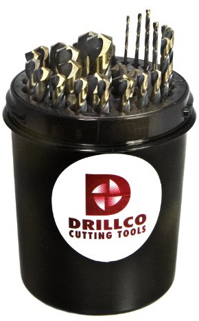Drillco 350N Series Nitro 29 Piece High-Speed Steel Mechanics Length Drill Bit Set, Black and Gold Oxide Finish, Round with Flats Shank, Spiral Flute, 135 Degrees Split Point, Drill Pal 1/16 - 1/2 in 1/64 increments
