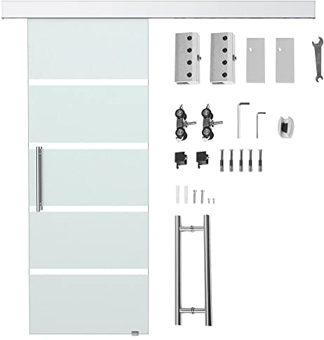 HOMCOM Puerta Corrediza de Vidrio Puerta Corredera Deslizante de Cristal Seguridad 77,5x205 cm Translucido Y A Rayas Transparentes