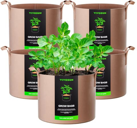 VIVOSUN 5-Pack 10 Gallons Grow Bags Heavy Duty Thickened Nonwoven Fabric Pots with Strap Handles Tan