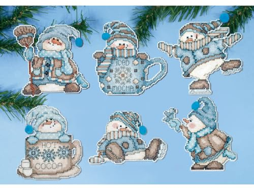 Design Works Crafts Kreuzstich Stickpackung Weihnachtsbaum-Dekoration Kakao-Schneemänner 6er Set, Zählmuster