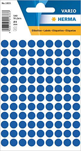 HERMA 1833 Punktaufkleber Klebepunkte blau, 540 Stück, Ø 8 mm, 108 pro Bogen, selbstklebend, Markierungspunkte für Kalender Planer Basteln, matt, blanko Papier Farbpunkte Etiketten Aufkleber