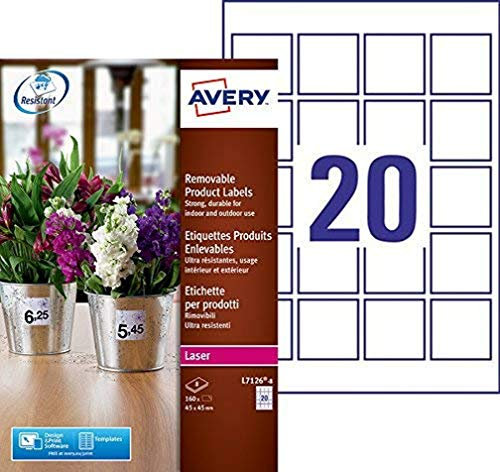 Avery Etiketten, selbstklebend, ablösbar, aus Polyester, 45 x 45 mm, Laserdrucker, 160 Stück