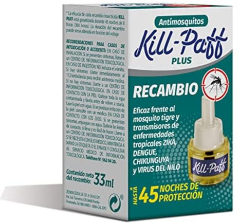 KILL PAFF | Antimosquitos Eléctrico | Protección Eficaz Contra Mosquitos Tigre y Transmisores de Enfermedades Tropicales | Sin Olor | 90 Noches de Protección | 1 Recambio 33 ml