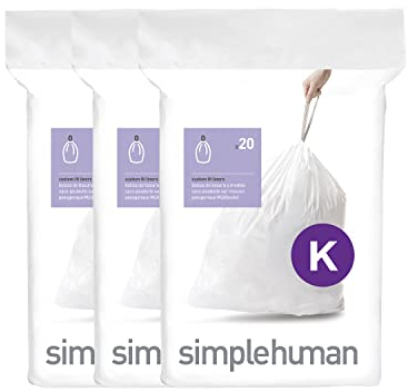 simplehuman CW0260 3 x paquete de 20 bolsas de basura a medida (60 bolsas), código K, plástico blanco