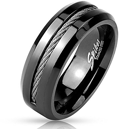 Bungsa 60 (19.1) Herrenring Schwarzer Ring mit Kabel Mittelring für Männer Edelstahl 60 62 64 67 70 (Damen Fingerring Partnerringe Verlobungsringe Trauringe Damenring Edelstahlring Chirurgenstahl)