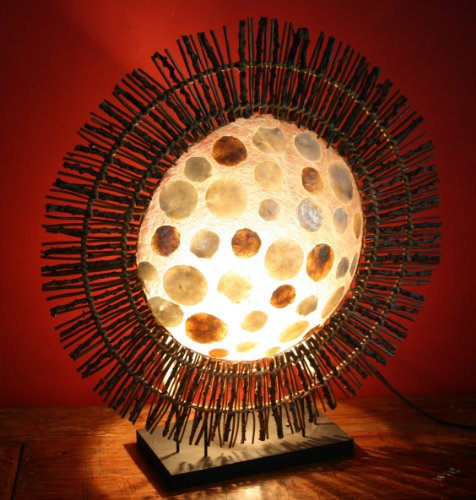 GURU SHOP Tischlampe/Tischleuchte, in Bali Handgemacht aus Naturmaterial, Holz, Capiz/Perlmutt - Modell Tamino, 40x36x12 cm