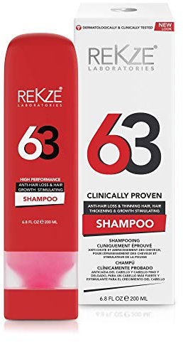 REKZE 63 Hair Growth Shampoo – Clinically Proven w/Caffeine, Biotin, Saw Palmetto - Thickening Therapy For Men & Women, DHT Blocker Prevents Thinning & Hair Loss, Promote Regrowth