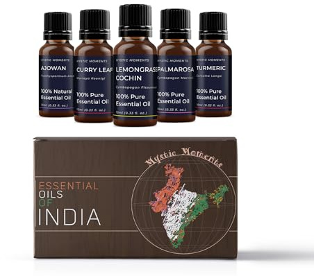 Mystic Moments | Essential Oils of India Starter Pack | 5x10ml | Five items: Patchouli, Sandalwood, Ginger, Black Pepper and Jasmine for everyday use.