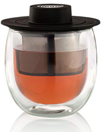 Finum Hot Glass System mit Filter - Teeglas aus Doppelwandigem, hitzebeständigem Borosilikat-Glas, Filter aus mikrofeinem, rostfreiem BPA-freiem Kunststoff, Ideal für Tee, Kaffee und Kräuter - 200 ml