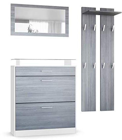 Vladon Garderobe Loret mini, Garderobenset bestehend aus 1 Schuhschrank, 1 Wandspiegel und 2 Garderobenpaneele, Weiß matt/Avola-Anthrazit