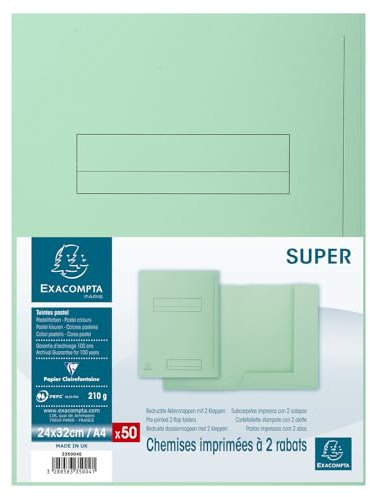 Exacompta - Réf. 335004E - Paquet de 50 chemises rigides imprimées avec 2 rabats SUPER 210 g/m² - couleurs pastel - chemises certifiées PEFC™- dimensions 24 x 32 cm pour format A4 - couleur vert clair