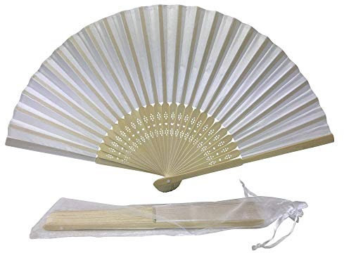 White Silk Fabric Hand Fans for Women Girls for Wedding Party Folding Bamboo (White)