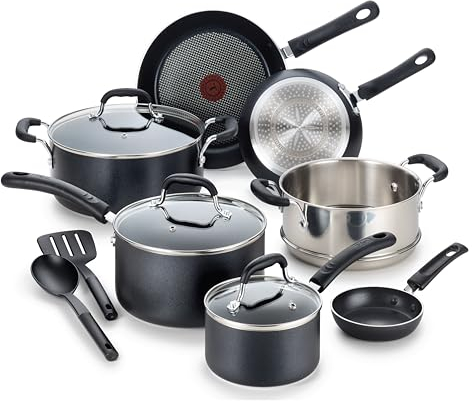T-fal Experience Nonstick Cookware Set 12 Piece, Induction, Oven Broiler Safe 350F, Kitchen Cooking Set w/Fry Pans, Saucepan, Stockpot, Kitchen Utensils, Pots and Pans, Dishwasher Safe, Black
