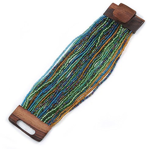 Avalaya Bracelet de perles en verre multirang Paon Vert pomme Bleu Marron clair Fermoir en bois Taille L 19 cm