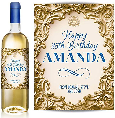 TigerMill Publishing Personalised Gold Effect Wine Labels for Any Occasion or Event, Birthday, Wedding, Engagement, Anniversary, Hen Night, Christmas, Congratulations etc (Gold/Dark Blue Type)