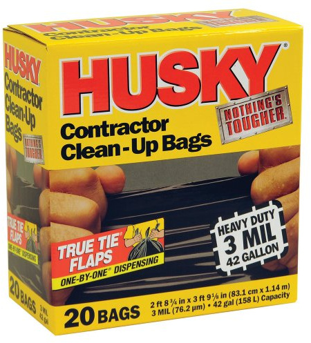 Husky HK42WC020B 42-Gallon Polyethylene Resin Contractor Clean-Up Bags, 20 Count, 2 ft 8.75in L x 3 ft 9.13 in W x 3 mil T, Black