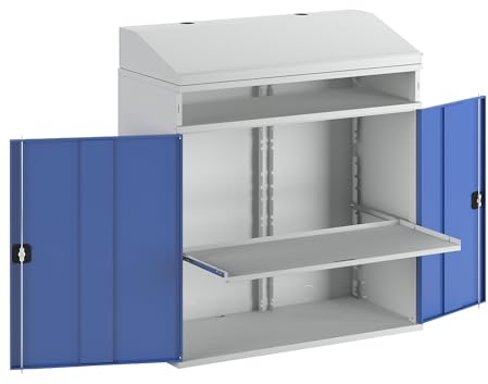 RAU | Industrie-Stehpult | mit offenem Fach über dem Schrank | Breite 1100 mm | lichtgrau/enzianblau