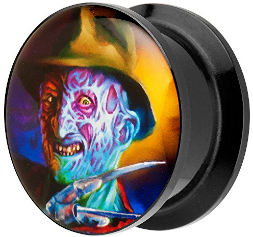 Piersando Ohr Plug Piercing Kunststoff Motiv Comic Picture Flesh Tunnel Ohrplug mit Freddy Horror Crazy Schwarz Bunt 20mm