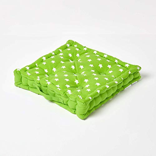 HOMESCAPES - Star Green - 100% Cotton - Large Floor Cushion - Green White - 50 x 50 x 10 cm Square - Indoor - Garden - Dining Chair Booster - Seat Pad Cushion.
