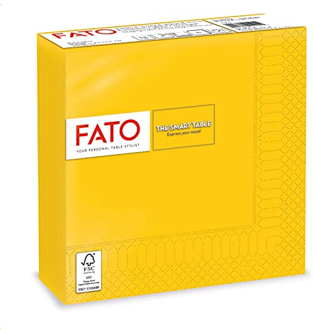 Fato, Einwegservietten aus Papier, ideal für informelle Mittagessen und Buffets, Packung mit 50 Servietten, Größe 33x33, 4-fach gefaltet, 2-lagig, Gelb, 100% reines Zellulosepapier, FSC-zertifiziert