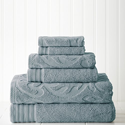 Amrapur Modern Threads 6-teilig, 2 Badetücher, 2 Handtücher, 2 Waschlappen, Medaillon Jacquard/Solid Ultra Soft 550GSM 100% gekämmte Baumwolle Handtuch-Set Sterling Blue