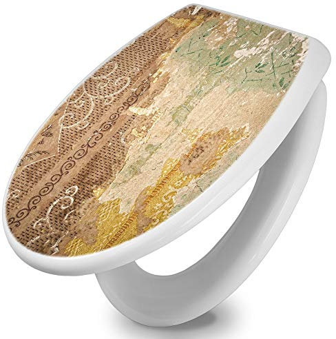 banjado Toilettendeckel mit Absenkautomatik 44,5x37cm / WC Sitz mit Absenkautomatik/Toilettensitz Duroplast mit Edelstahl Scharnieren/Klodeckel mit Absenkautomatik Motiv Alte Tapeten