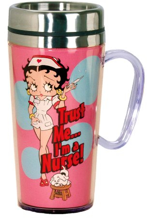 Spoontiques - Insulated Travel Mug - Betty Boop Nurse Coffee Cup - Coffee Lovers Gift - Funny Coffee Mug - 15 oz - Pink