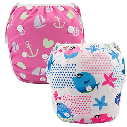 Alva Baby-Schwimmwindeln, Einheitsgröße, wiederverwendbar, waschbar und verstellbar, für Schwimmunterricht und Babyparty, 2 Stück