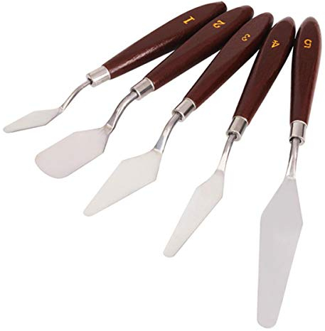 KATSU 5 Pieces Painting Palette Knife Set, Professional Stainless Steel Artist Oil Painting Spatula Mixing Scraper with Smooth Edges and Wooden Handle 333100