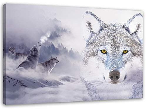 Feeby, Leinwandbild, Bilder, Wand Bild, Wandbilder, Kunstdruck 70x100cm, Wolfs, MODERN, DOPPELTE BELICHTUNG, Wald, WEIß, GRAU