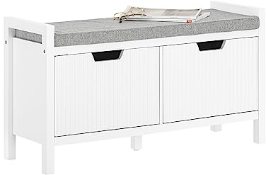 SoBuy FSR146-W Banco Zapatero con 2 Puertas con Rayas Verticales Armario Multifuncional para Entrada con Acolchado Cojín 91 x 30 x 50 cm Blanco ES
