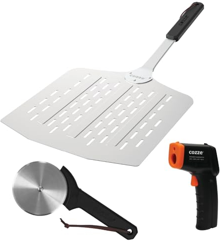 Cozze® Set Cadeau Pizza 3 Pièces : Pelle à Pizza, Thermomètre Digital, et Rouleau Coupe Pizza - Accessoires pour Pizza Maison