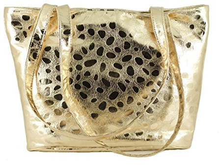 LONI Damen Metallic Kunstleder Shopper Tote Bag Schultertasche in Gold