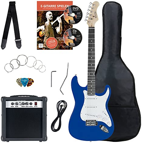 Rocktile Banger's Pack E-Gitarren Set, 8-teilig Blue, Blau Hochglanz Finish | Rocktile ST-Style E-Gitarre, 3 Single-Coil Tonabnehmer, 5-Wege Wahlschalter, 1 Volume-/ 2 Toneregler, Tremolohebel, Gurt