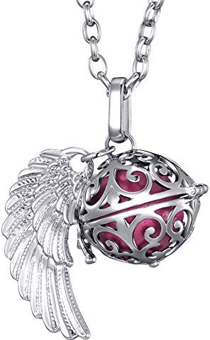 Morella Damen Schutzengel Halskette Edelstahl 70 cm mit Anhänger Engelsflügel und Klangkugel rosa Ø 16 mm in Schmuckbeutel