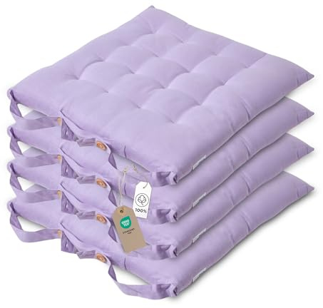 HOMESCAPES Mauve Seat Pads for Dining Chair, Set of 4 100% Cotton Chair Pads with Straps, 40x40 cm