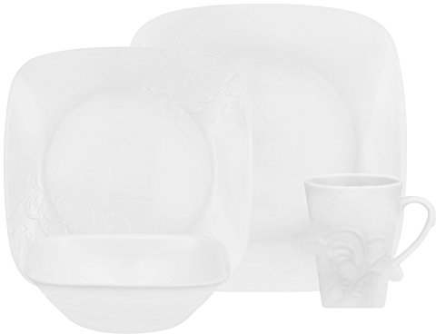 Corelle 16-Piece Vitrelle Glass Cherish Chip and Break Resistant Embossed Dinner Set, Service for 4, White