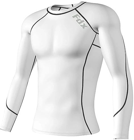 FDX Men's Compression Base Layer Top, Lightweight, Breathable, Long Sleeve Body Fit Quick Dry Cool Shirt All Season for Running Gym Workout Training Fitness Exercise (White, S)