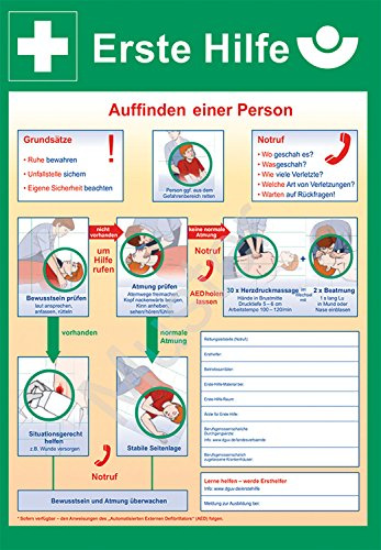Erste-Hilfe-Notfalltafel, Aushang nach DGUV | Übersichtliche Erste-Hilfe-Notfalltafel mit wichtigen Hinweisen für den Ernstfall – ideal als Aushang im Betrieb