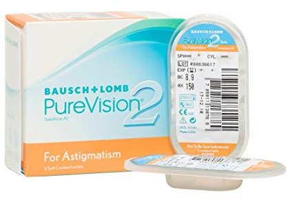 Bausch und Lomb PureVision2 for Astigmatism Monatslinsen, torische Kontaktlinsen, weich, 6 Stück BC 8.9 mm/DIA 14.5 / CYL -2.25 / Achse 10 / -8 Dioptrien