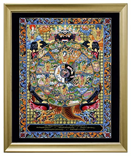 Thangka Buddha Lebensrad Leinwandbild Druck religiöses Wandbil mit schönen goldenen Holzrahmen 40x50 cm