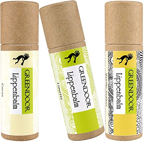 GREENDOOR Lippenpflege-Set EXOTIC, Vanille, Limette, Cocos - 3 verführerische pflegende natürliche plastikfreie Lippenbalsame, Naturkosmetik Lippen-Pflegestifte, Sparpreis, natural feeling