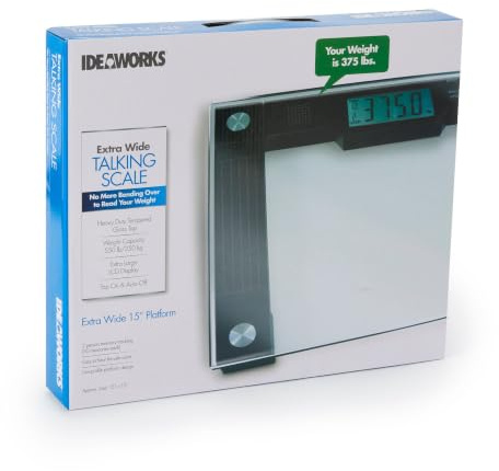 Ideaworks JB5824 Extra breite sprechende Skala, visuelle und Sprachanzeige, 250 kg max. Tamperglas, extra breite Breite, großes LCD-Display, An- und Ausschaltfunktion