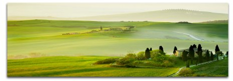 Paul Sinus Art - Wandbild: Morgen in der Toskana - Grüne Landschaften - Kunstdruck auf Leinwand - Modernes Wandbild für Wohnzimmer, Schlafzimmer - Querformat - 150L x 50B cm