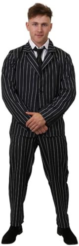 Mens Halloween Costume - Large - Black Pinstripe Suit & Trousers, Spiv Tash and Fake Cigar - Adults Halloween Fancy Dress Costume
